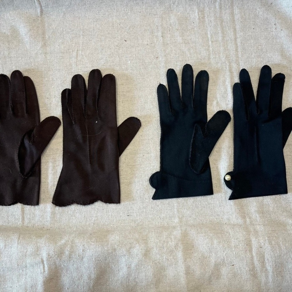 Vintage Women Nylon Dress Gloves Bundle Brown Scalloped Black Pearl Button 7.5